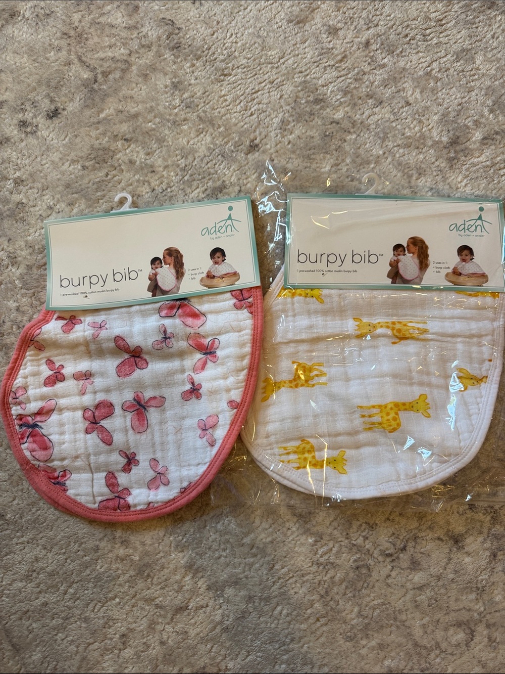 NWT aden + anais Burpy Bibs – Pink Butterfly & Yellow Giraffe Prints